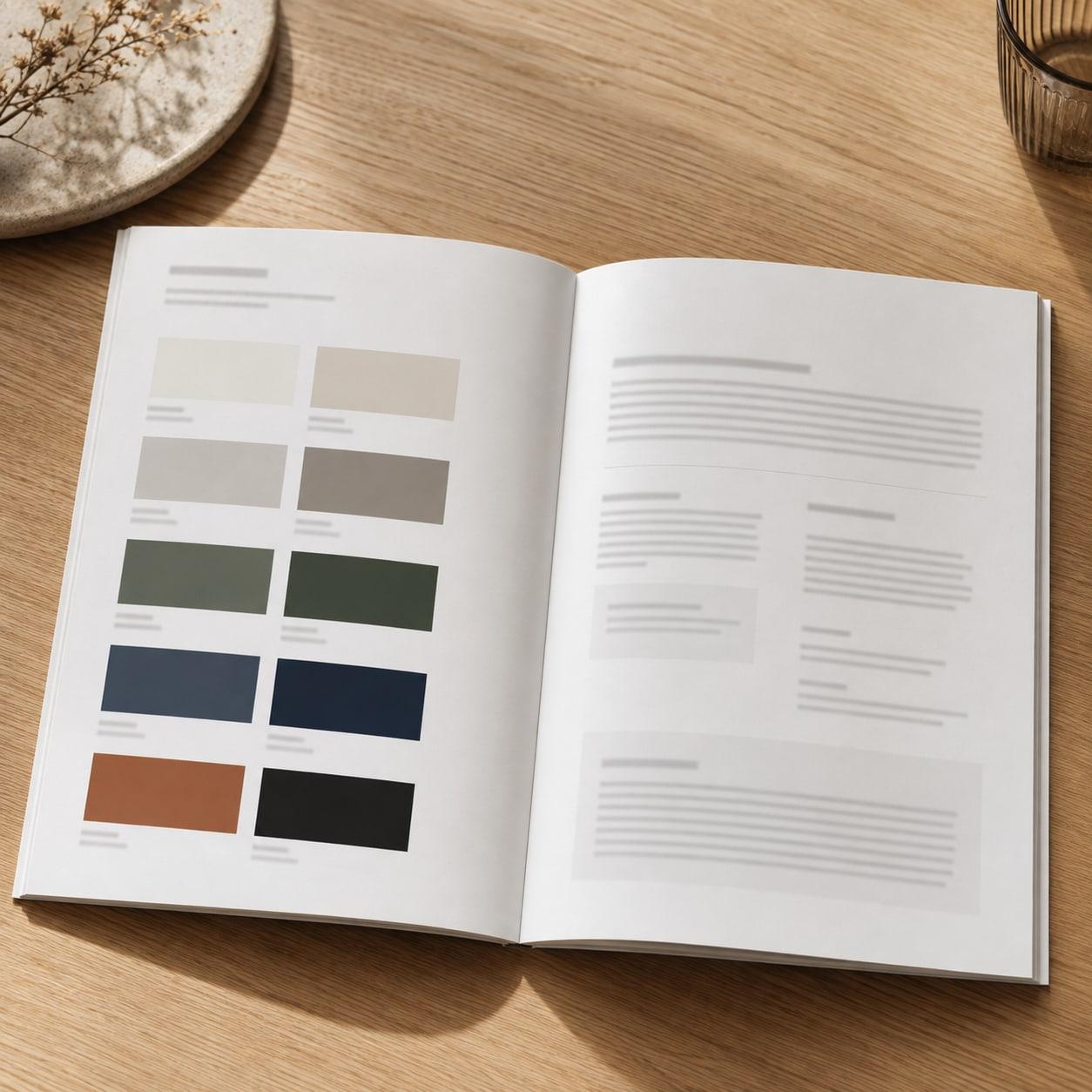 An open brand guidelines booklet on a light oak table, the left page showing a column of colour swatches from sand through olive and navy to terracotta, the right page a typographic layout.