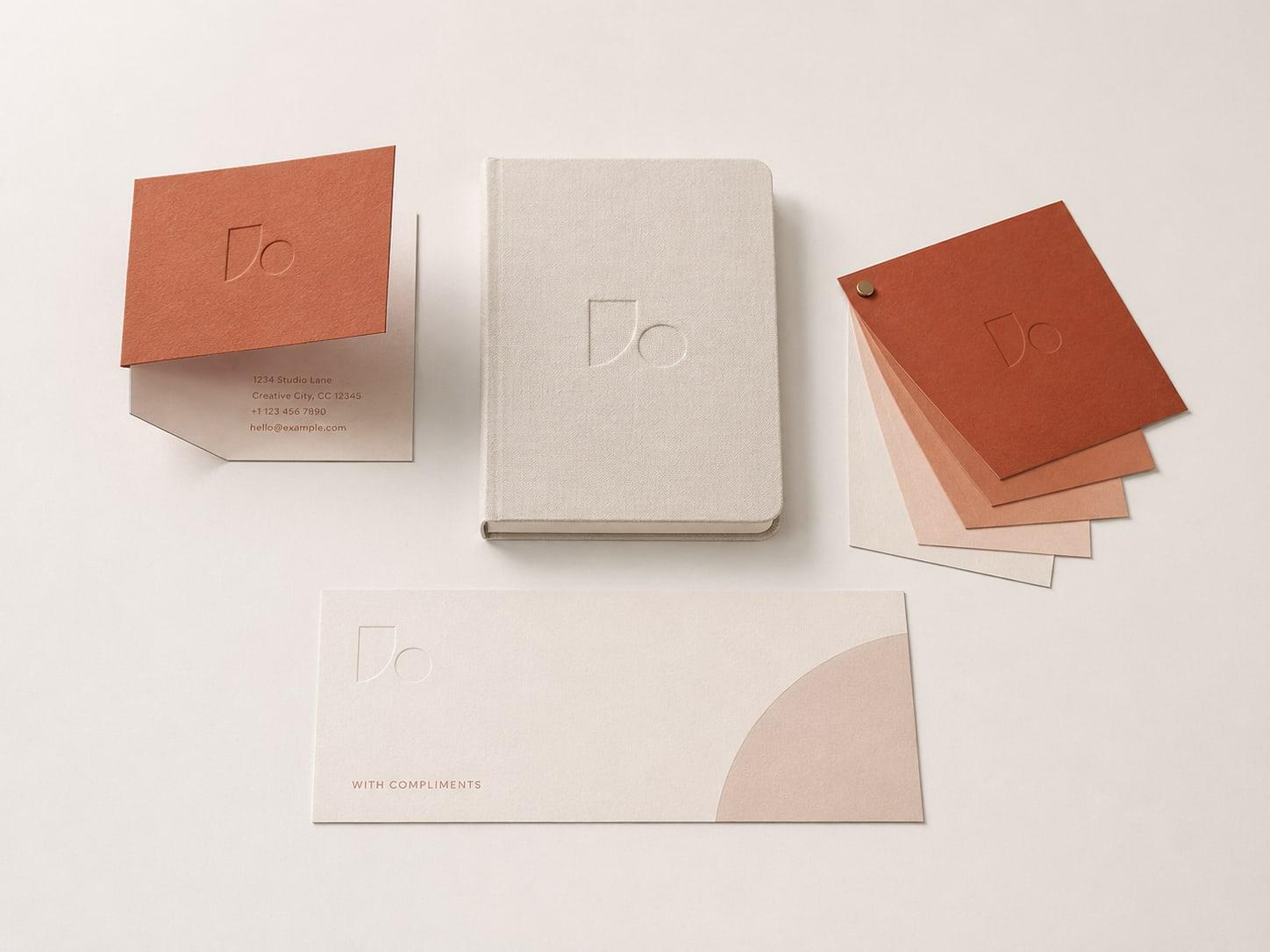 A brand identity system laid out on a pale surface: an embossed business card, a linen-bound notebook, a fanned set of terracotta and cream colour swatches, and a compliments slip.