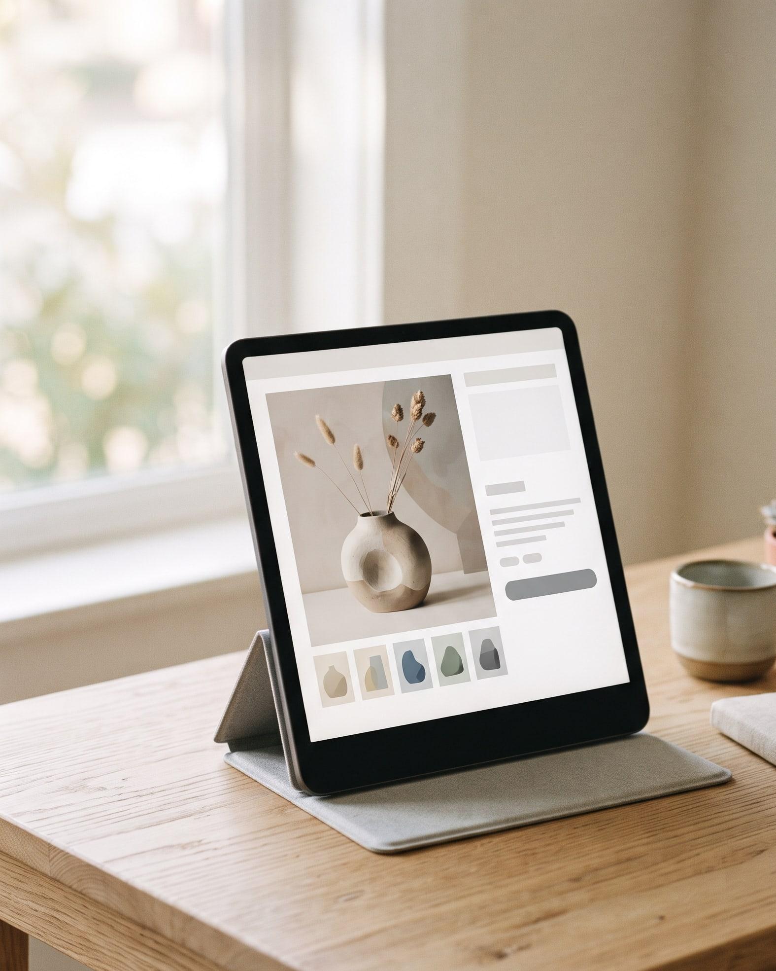 A tablet on an oak desk in window light, showing a product listing layout: a large photograph of a ceramic vase, a row of colour variant thumbnails beneath it, and a details panel alongside.