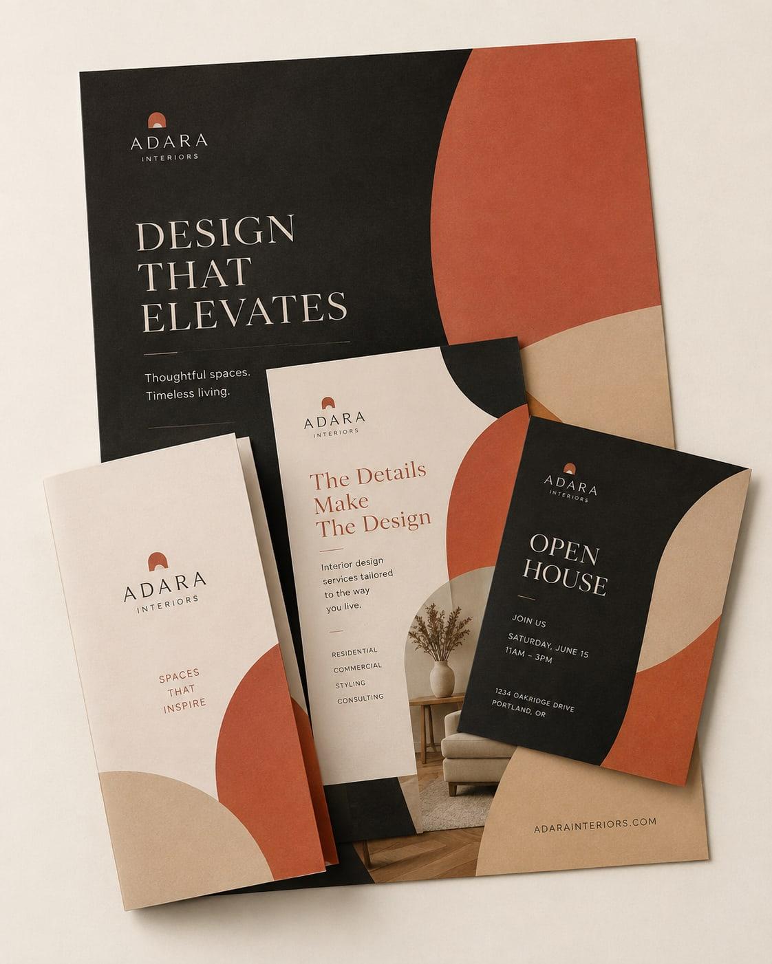 A fanned set of printed marketing pieces for an interior design brand: a charcoal poster, a folded brochure and an invitation card, all using terracotta arch motifs.