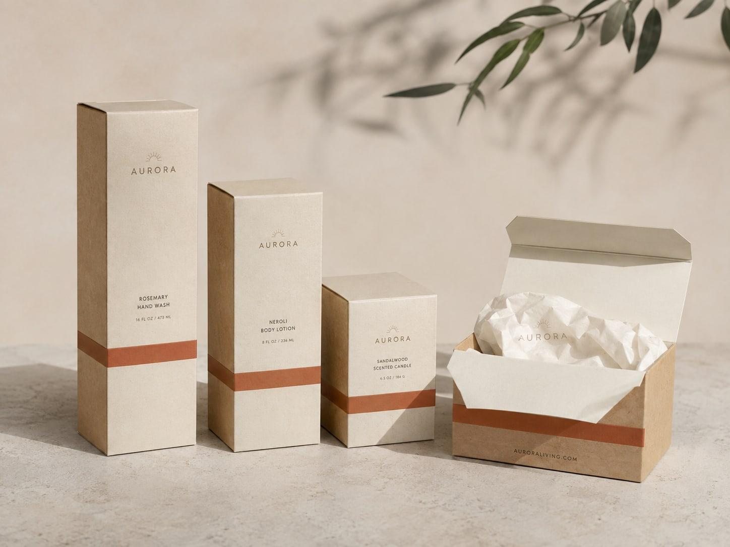 A set of cream and kraft skincare cartons banded in terracotta, standing beside an open gift box lined with tissue paper on a pale stone surface.