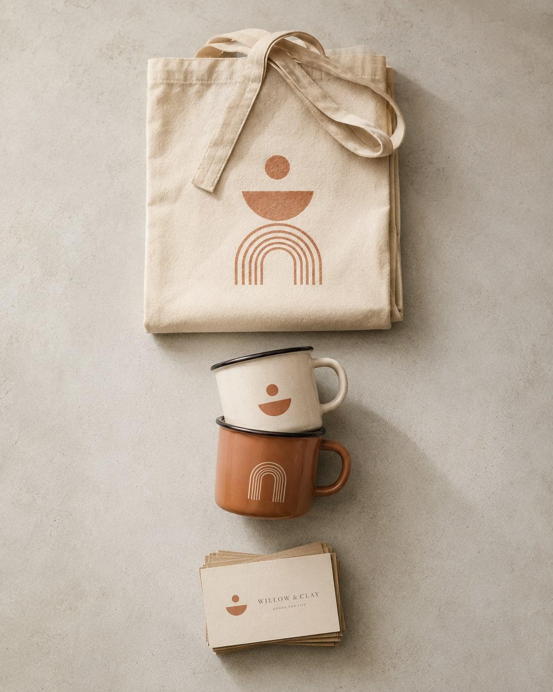 Branded merchandise laid out on pale concrete: a cotton tote printed with a terracotta arch mark, two stacked enamel mugs, and a pile of letterpress business cards.