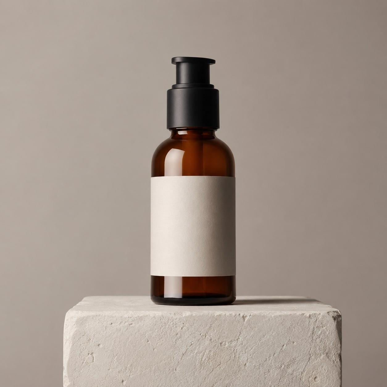 An amber glass pump bottle with a blank cream label, softly lit on a pale plaster plinth against a warm grey backdrop.