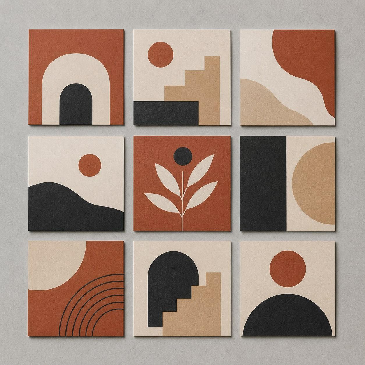 A three by three grid of printed social tiles in terracotta, sand, charcoal and cream, each a simple abstract composition of arches, suns and leaves.