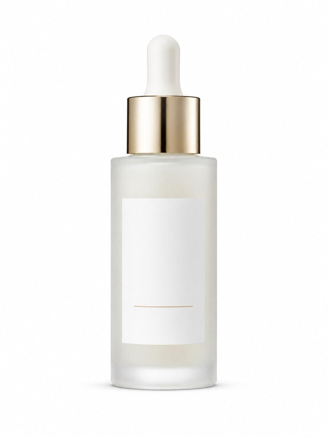 A frosted glass serum bottle with a gold collar and blank white label, evenly lit on a pure white background for a marketplace product listing.