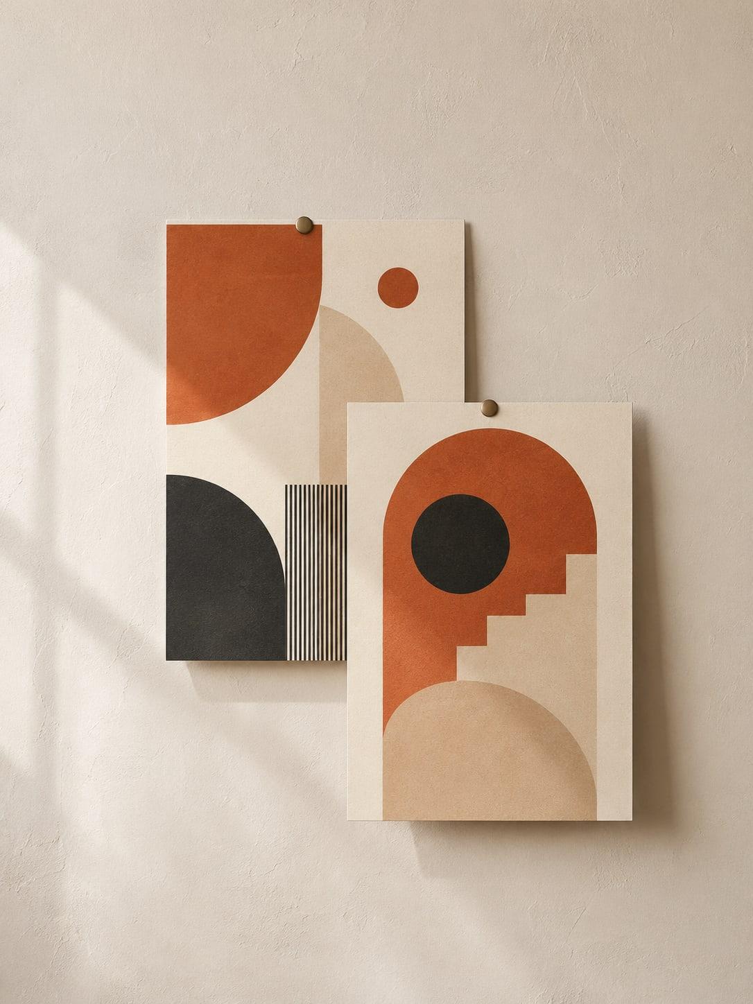 Two overlapping printed posters pinned to a pale plaster wall, both bold geometric compositions of arches, circles and stripes in terracotta, sand and charcoal.