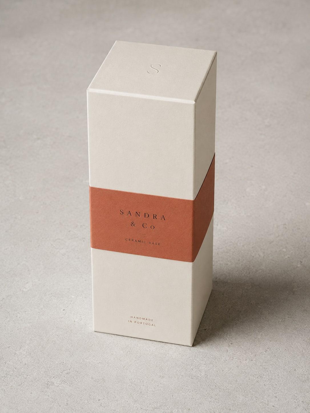 A tall cream product carton wrapped in a terracotta belly band, standing on pale concrete in soft directional light.